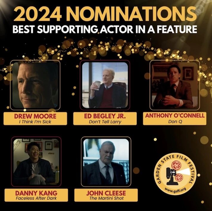 Garden State Film Festival graphic listing Drew Moore among the Best Supporting Actor in a Feature nominees