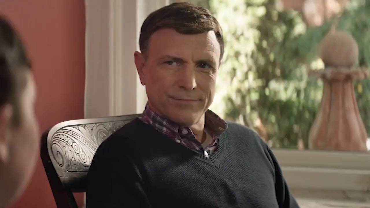 Drew Moore as Arthur, seated and listening in Up the Stairs
